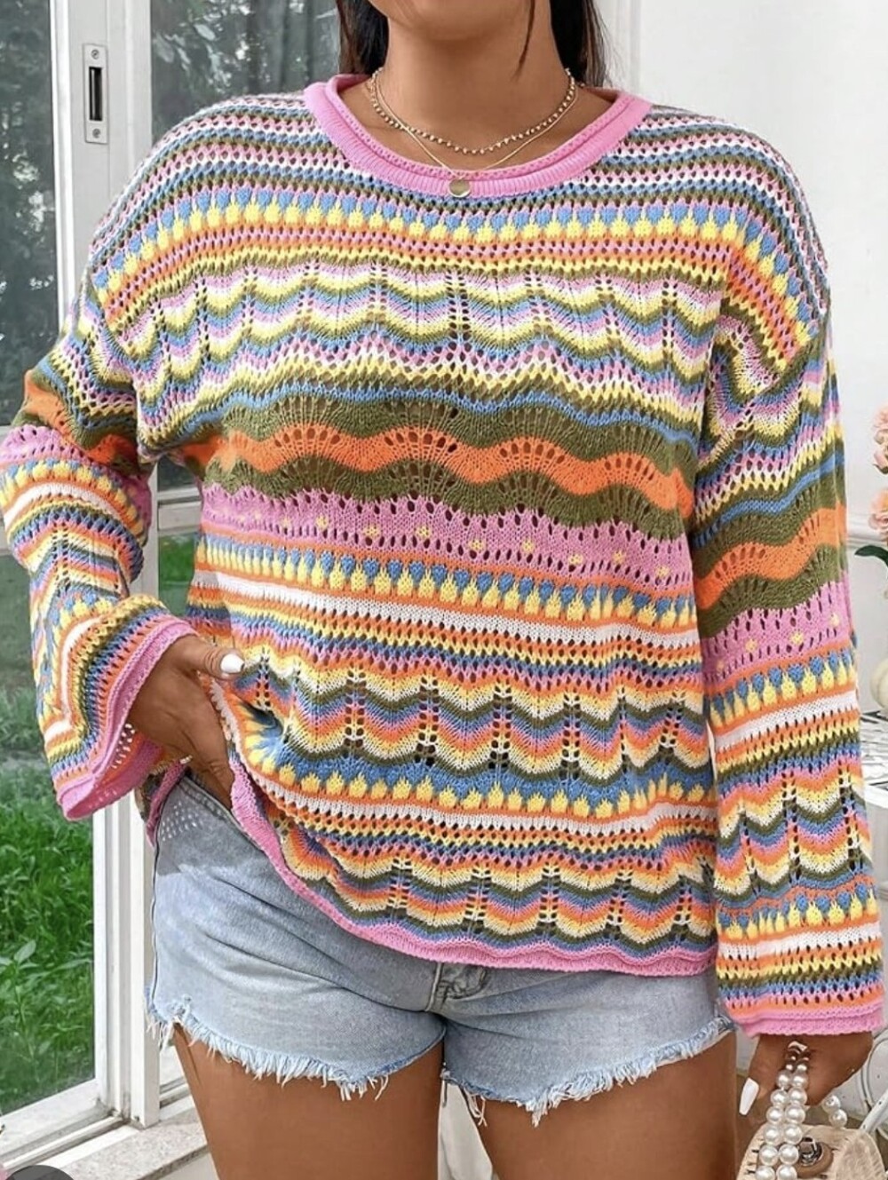 Multicolor Open-Knit Wave Pattern Sweater - Pink Trim Size 2XL
